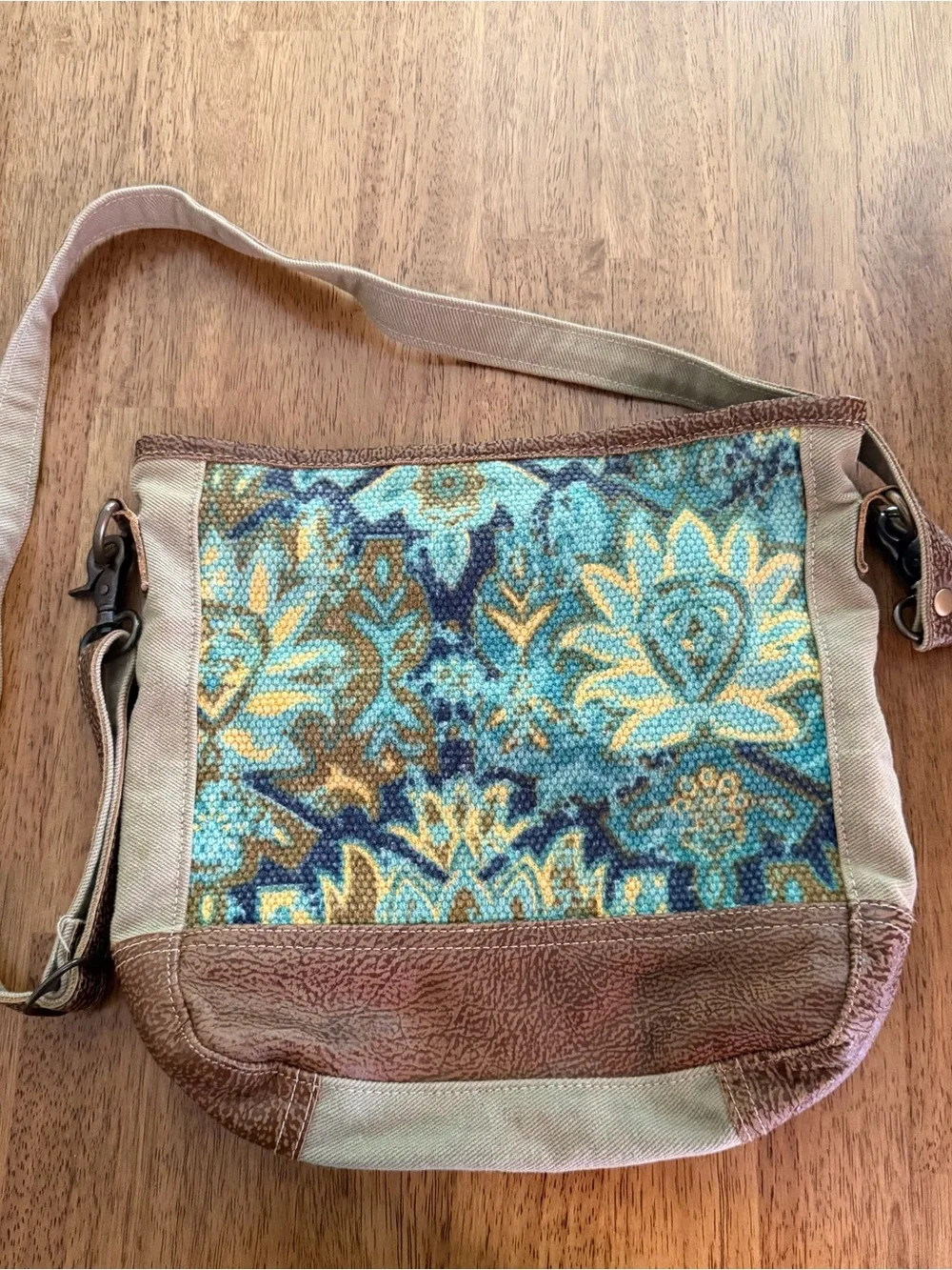 Myra Bag Canvas & Leather Crossbody Bag with Blue Floral Tapestry - Picture 1 of 3